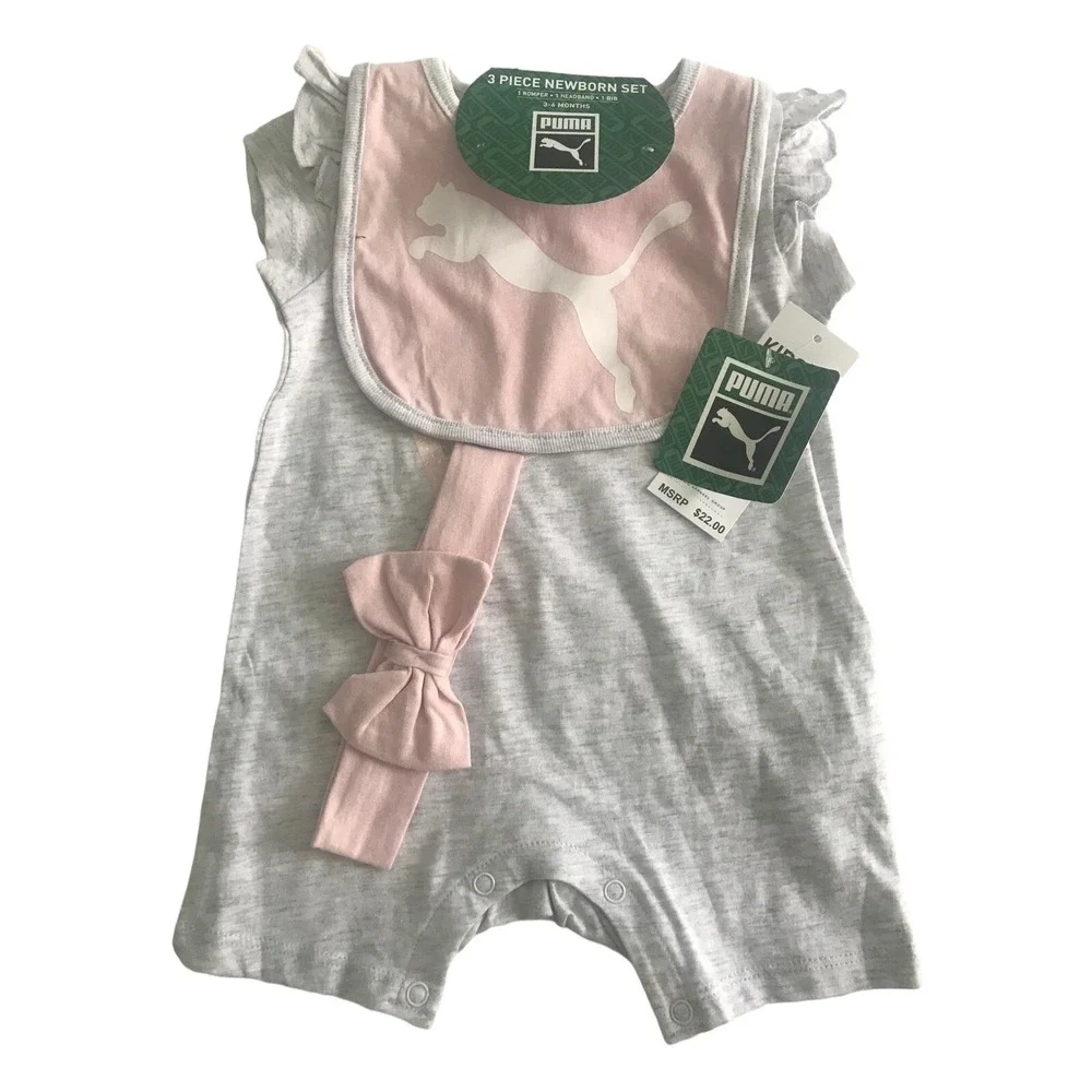 Puma Baby Girl‎ White Heather 3‑Piece Romper Set 3‑6M